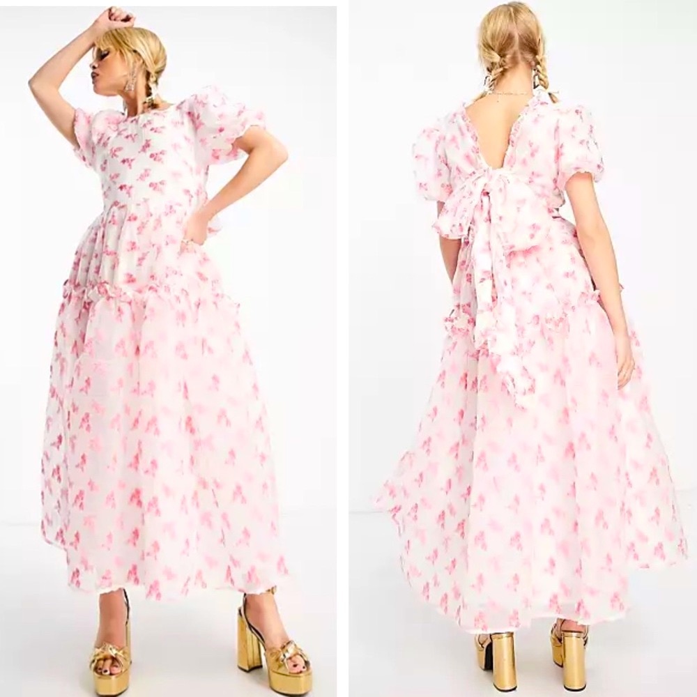 SISTER JANE Rare Midi Puff Smock Dress in Pink Floral Jacquard Size Medium NEW!